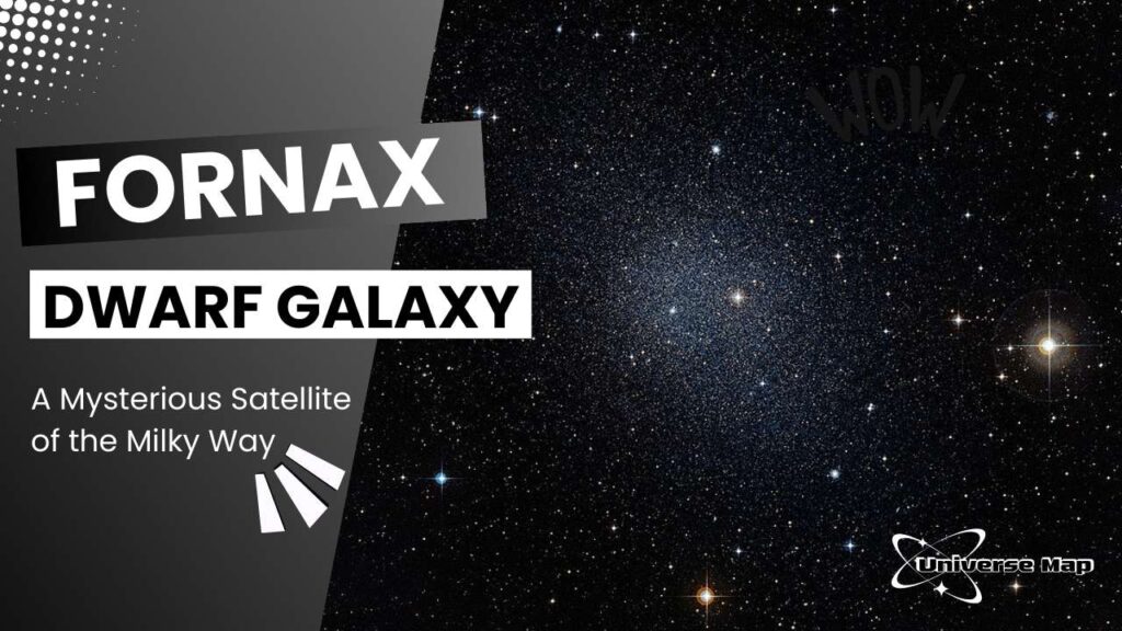 Image showing the Fornax Dwarf Galaxy as a dense, faint cloud of stars against a starry black background, with bold text reading “Fornax Dwarf Galaxy – A Mysterious Satellite of the Milky Way.”