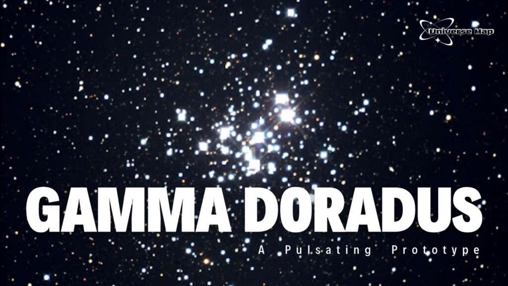 Image showing a dense star field with a centrally located bright star representing Gamma Doradus, a prototype of pulsating variable stars. Text reads ‘Gamma Doradus --- A Pulsating Prototype’.