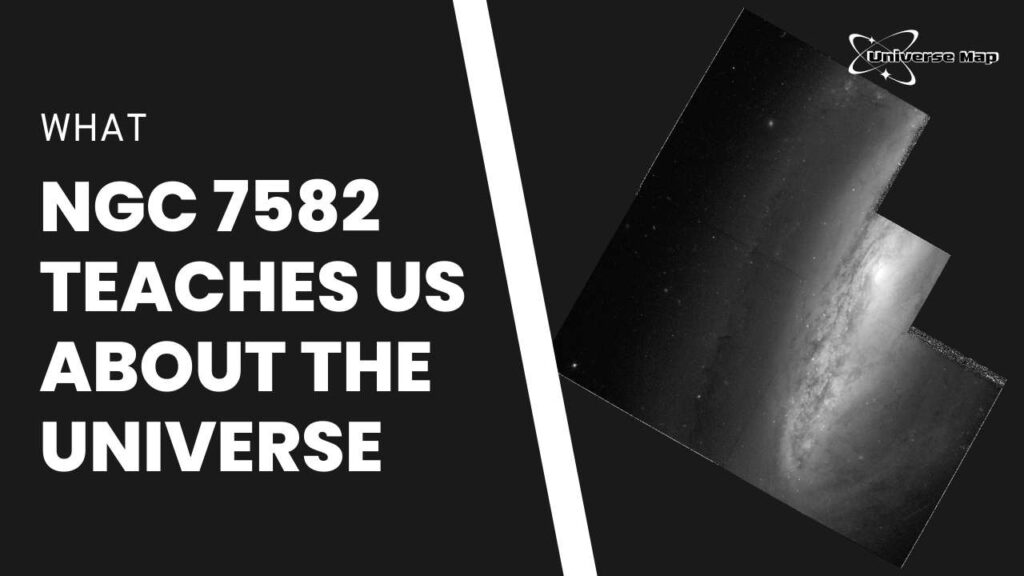 Mosaic-style black and white image of the spiral galaxy NGC 7582 with accompanying text suggesting its role in teaching us about the universe.