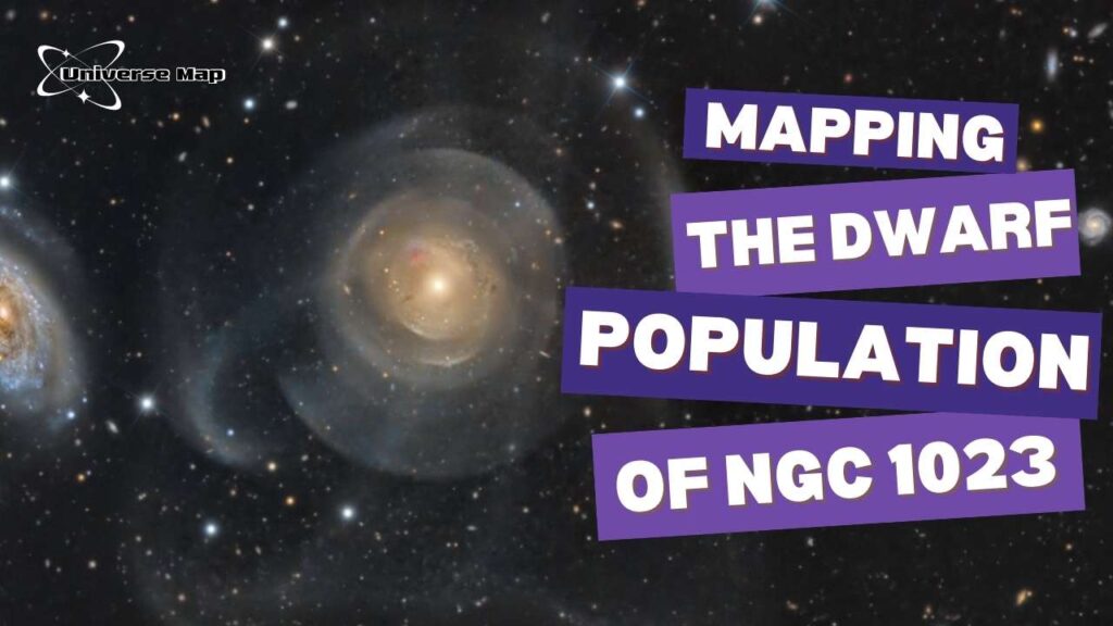 An image of the lenticular galaxy NGC 1023 surrounded by smaller dwarf galaxies and faint tidal features, used to map satellite galaxy distribution and galactic structure.