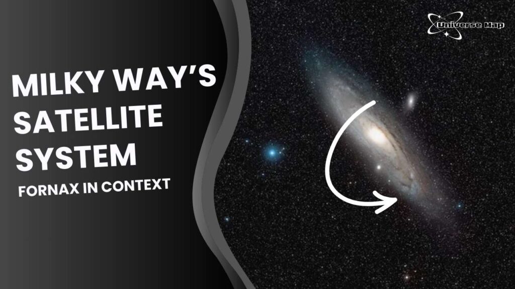 Illustration of a spiral galaxy representing the Milky Way with a white arrow pointing toward it, used to explain the positioning of the Fornax Dwarf Galaxy within the satellite system. Text reads 'Milky Way’s Satellite System – Fornax in Context'.