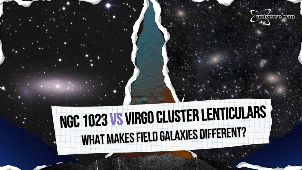 Comparative cosmic background split between the lenticular galaxy NGC 1023 and the densely packed Virgo Cluster, illustrating the contrasting environments of field galaxies and cluster galaxies.