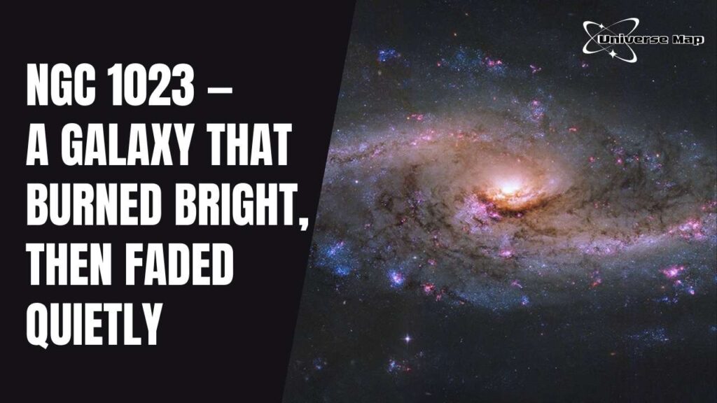 Colorful image of lenticular galaxy NGC 1023 with a glowing core and fading spiral arms, illustrating its quiet decline after a bright star-forming phase.