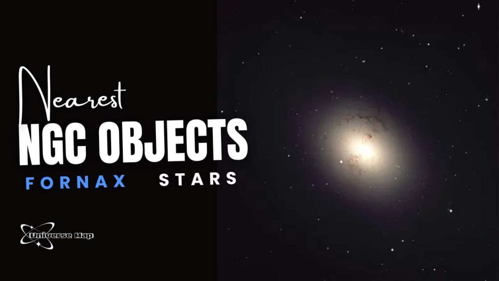Image showing a bright elliptical galaxy from the NGC catalog against a star-filled black background, representing one of the nearest deep-sky objects in the Fornax constellation. Text on the left reads ‘Nearest NGC Objects – Fornax Stars’.