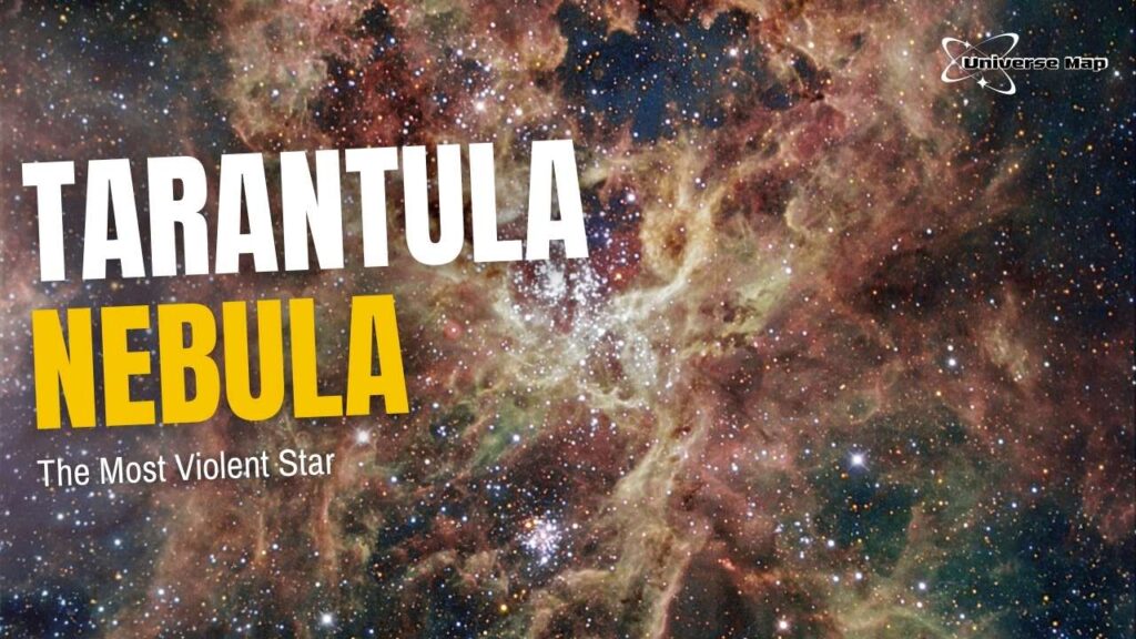 A detailed image of the Tarantula Nebula showing a chaotic web of glowing gas and dust with dense star clusters at the center, illustrating intense star formation and turbulence in this nearby region.
