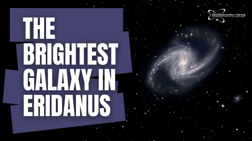 Image of a luminous barred spiral galaxy in deep space, showing a glowing core and swirling arms filled with stars and gas. This galaxy is identified as the brightest in the Eridanus Cluster. Text on the left reads ‘The Brightest Galaxy in Eridanus’.