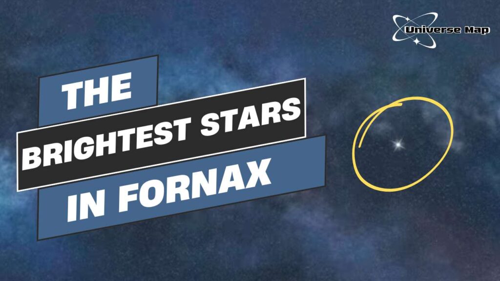 Graphic showing a highlighted bright star inside a yellow circle on a deep blue background, representing one of the brightest stars in the Fornax constellation. Text reads 'The Brightest Stars in Fornax'