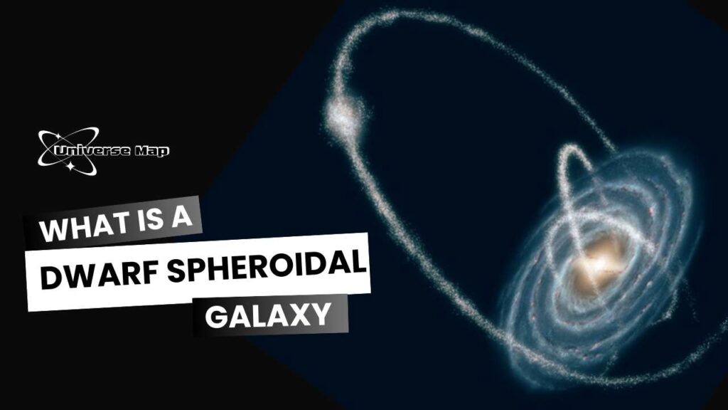 Illustration showing a dwarf spheroidal galaxy orbiting the Milky Way, leaving behind tidal streams of stars. The image includes the text 'What Is a Dwarf Spheroidal Galaxy' and the Universe Map logo.