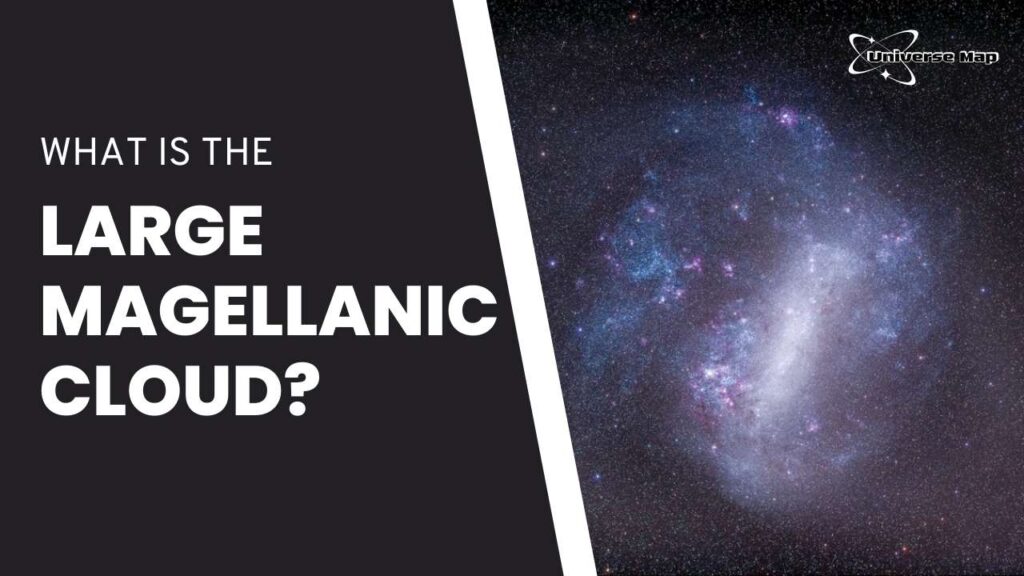 A high-resolution image of the Large Magellanic Cloud showing its irregular spiral-like shape with bright star-forming regions in pink and blue hues, placed beside the text ‘What Is the Large Magellanic Cloud?’.