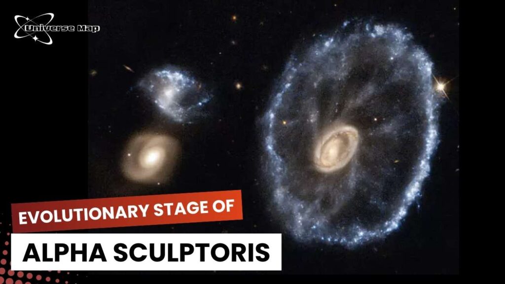 Illustration representing the evolutionary stage of Alpha Sculptoris with bright galactic rings and starburst regions symbolizing stellar transformation.