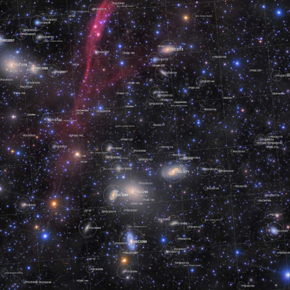 Wide-field annotated image of the Antlia Cluster showing a dense concentration of NGC and PGC galaxies, highlighted against a star-rich cosmic background with visible nebular filaments.