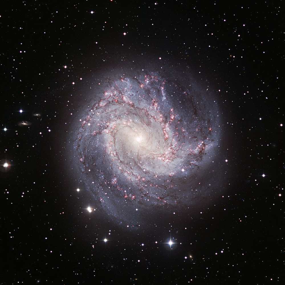 Deep-space image of M83, the Southern Pinwheel Galaxy, part of the Centaurus A / M83 Group, showing bright spiral arms, pink star-forming regions, and a luminous starburst core.