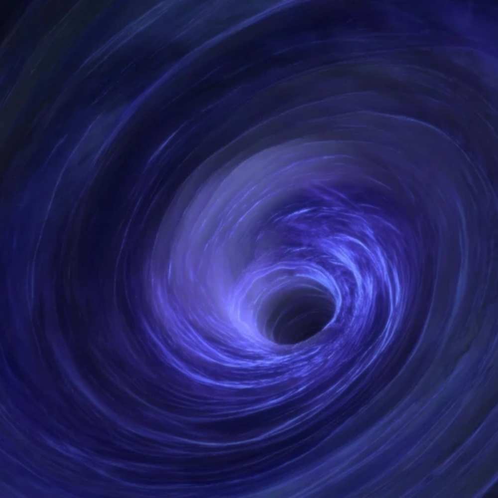 Artistic visualization of the Corvus Void represented as a swirling cosmic vortex, illustrating the vast emptiness and gravitational void in deep space.