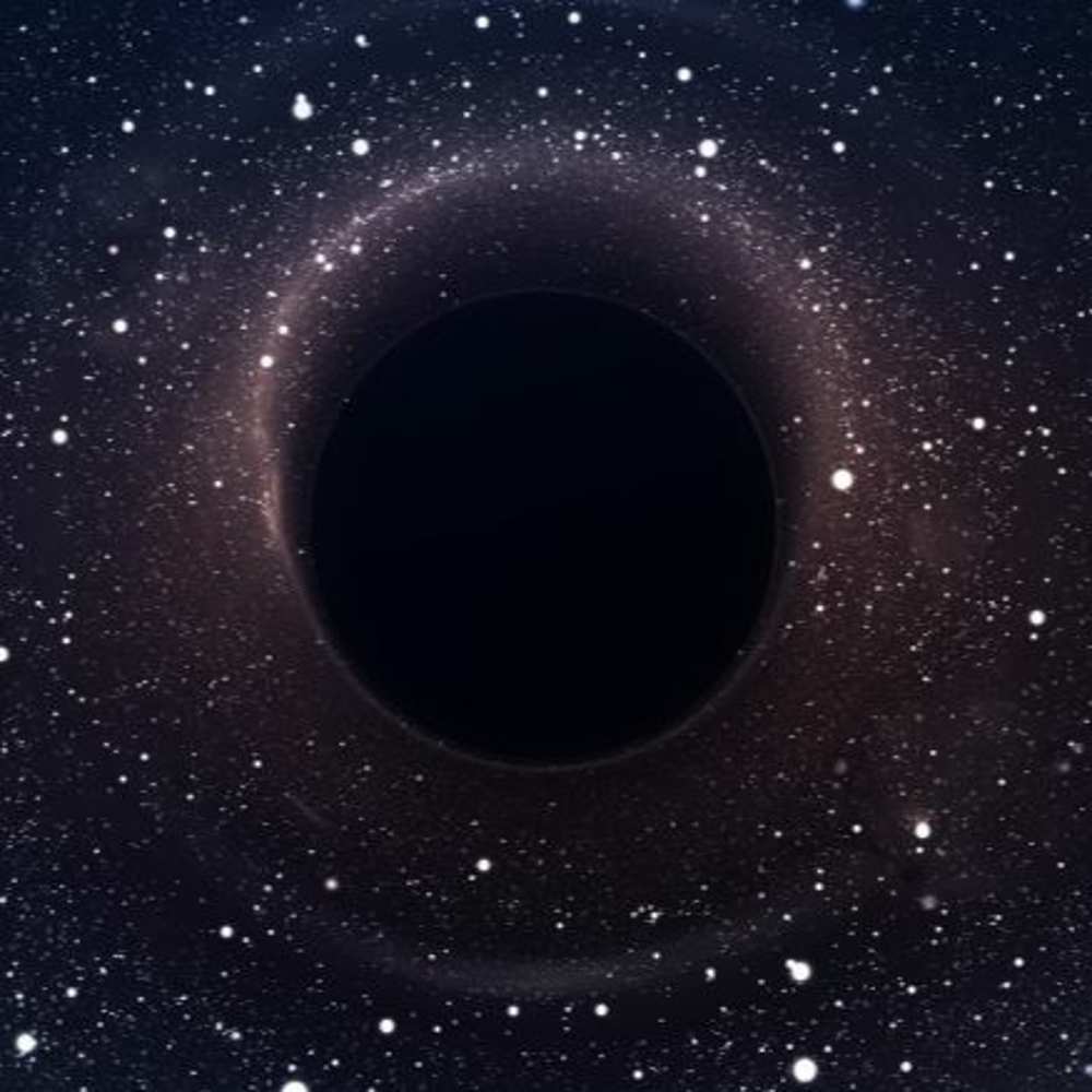 Illustration of the Eridanus Void as a massive dark region in space, resembling a gravitational void or black hole effect surrounded by distant stars.