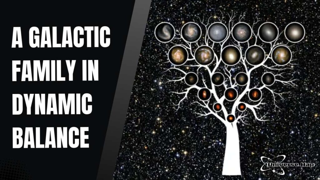 Artistic tree illustration representing a balanced galactic family of various galaxy types against a starry background, symbolizing cosmic stability and gravitational dynamics.