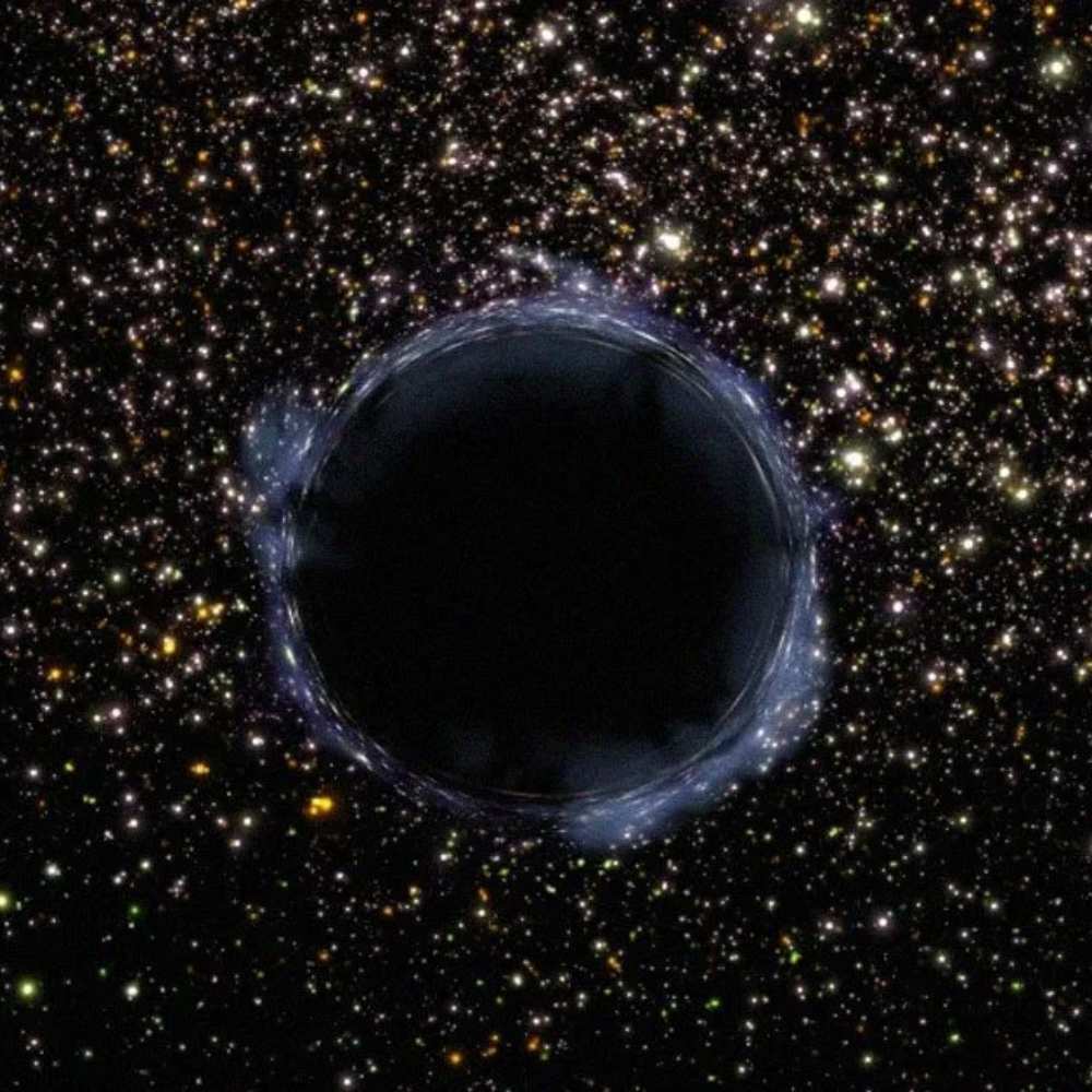 Artistic simulation of the Gemini Void appearing as a dark circular region surrounded by distorted starlight, representing a massive cosmic underdensity.