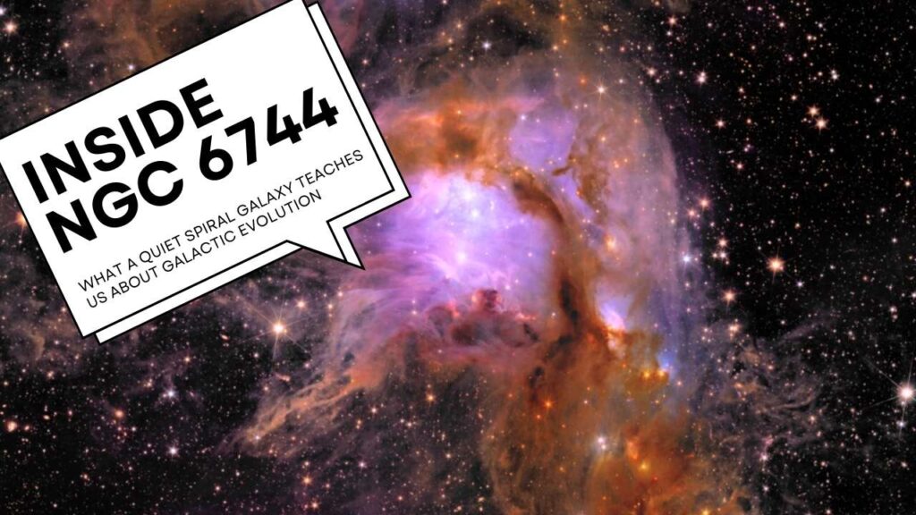 Colorful nebula-like visualization representing NGC 6744 and its calm spiral structure, illustrating key insights into galactic evolution.