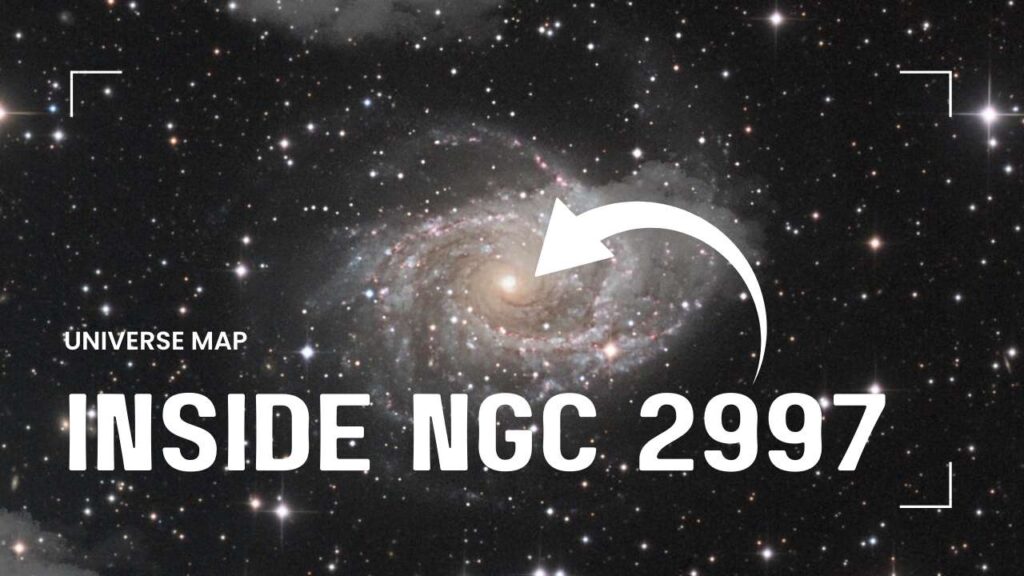 Close-up image of NGC 2997’s core showing spiral arms and intense star-forming regions that define it as a southern sky starburst galaxy.