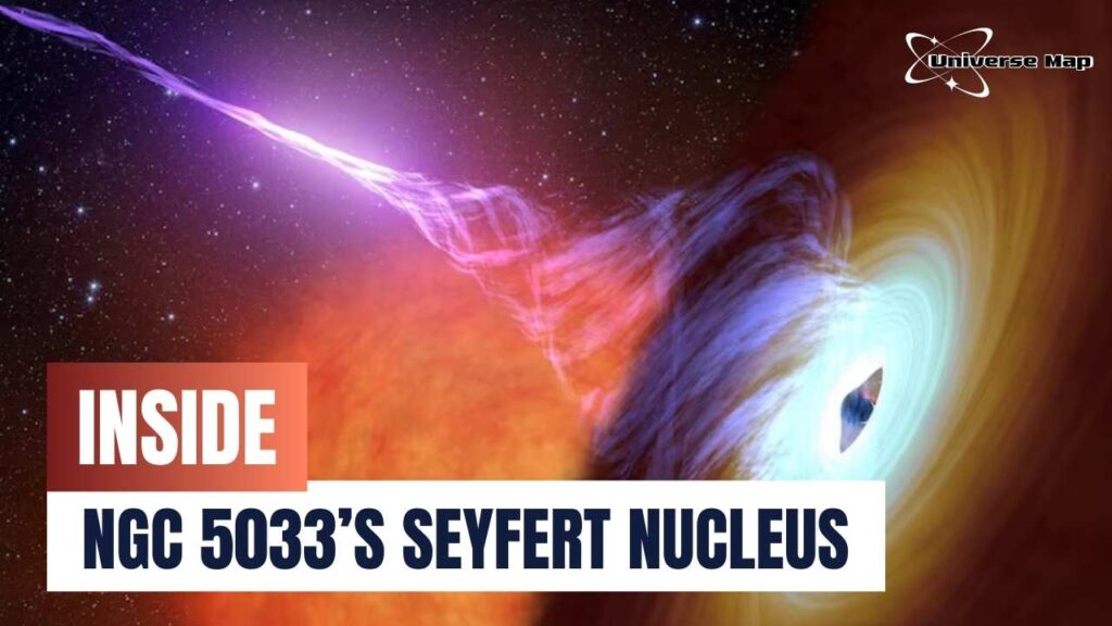 Illustration of a supermassive black hole launching relativistic jets, symbolizing the hidden AGN at the core of NGC 5033 powering its Seyfert activity.