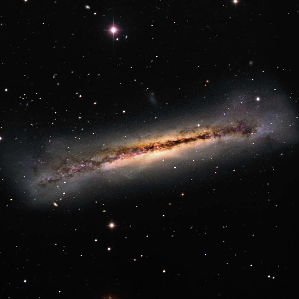 Edge-on view of a spiral galaxy in the Leo I Group, showing a prominent dust lane, bright galactic bulge, and surrounding star field.