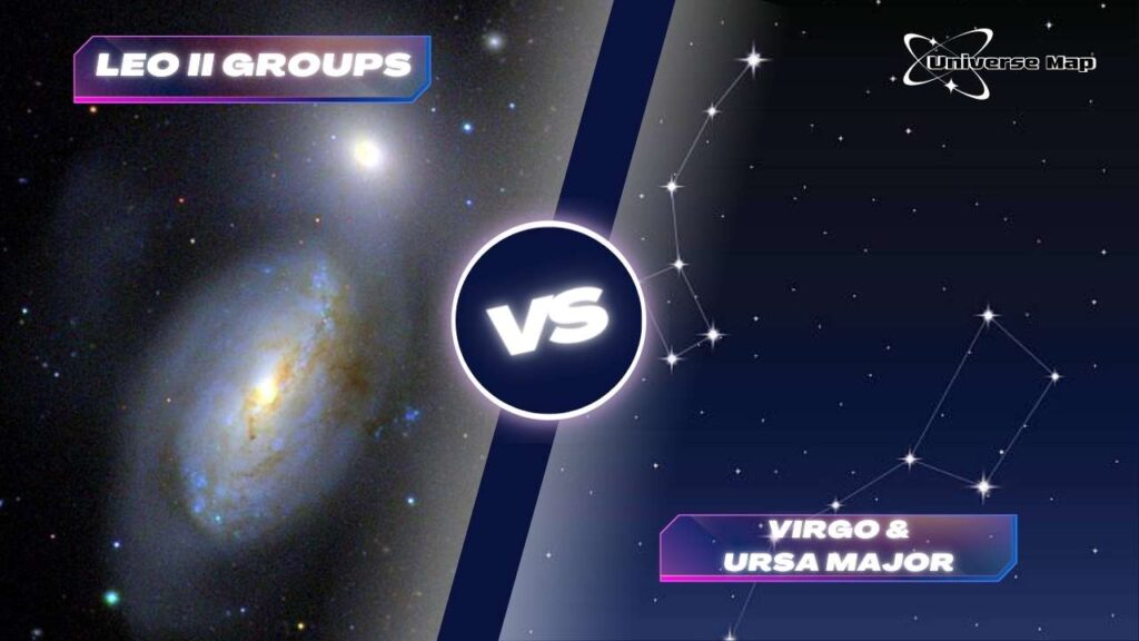 Side-by-side comparison of Leo II Groups, Virgo Cluster, and Ursa Major Groups showing environmental impact on galaxy evolution.