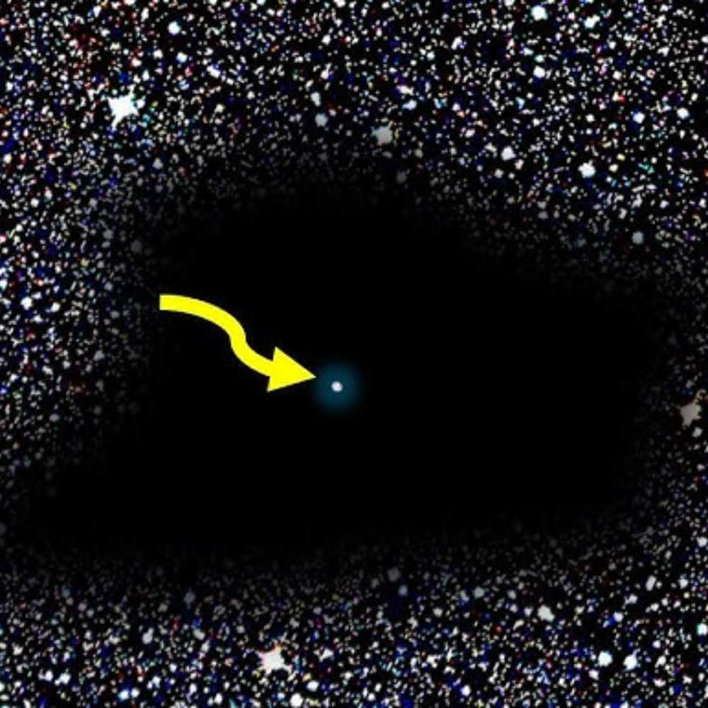 Illustration of the Leo Void showing a solitary galaxy within a vast underdense region of space, highlighted by a yellow arrow amid a dense cosmic backdrop.