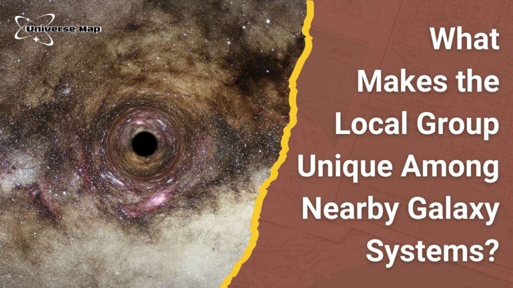 Illustration symbolizing the Local Group’s unique structure and environment among nearby galaxy systems, including a supermassive black hole and galactic map textures.