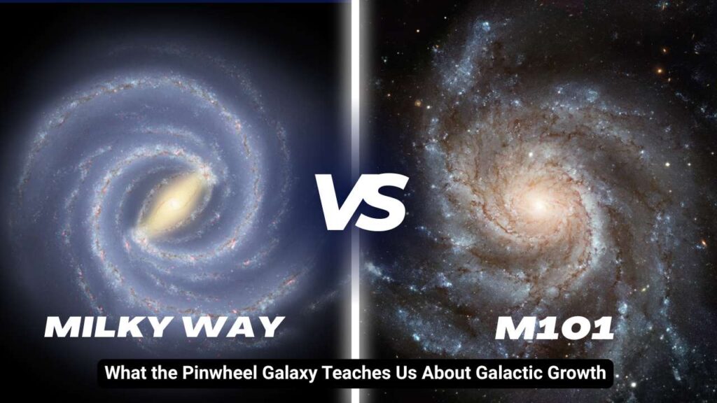 Side-by-side comparison of the Milky Way and M101 (Pinwheel Galaxy), illustrating structural differences and insights into galactic growth.