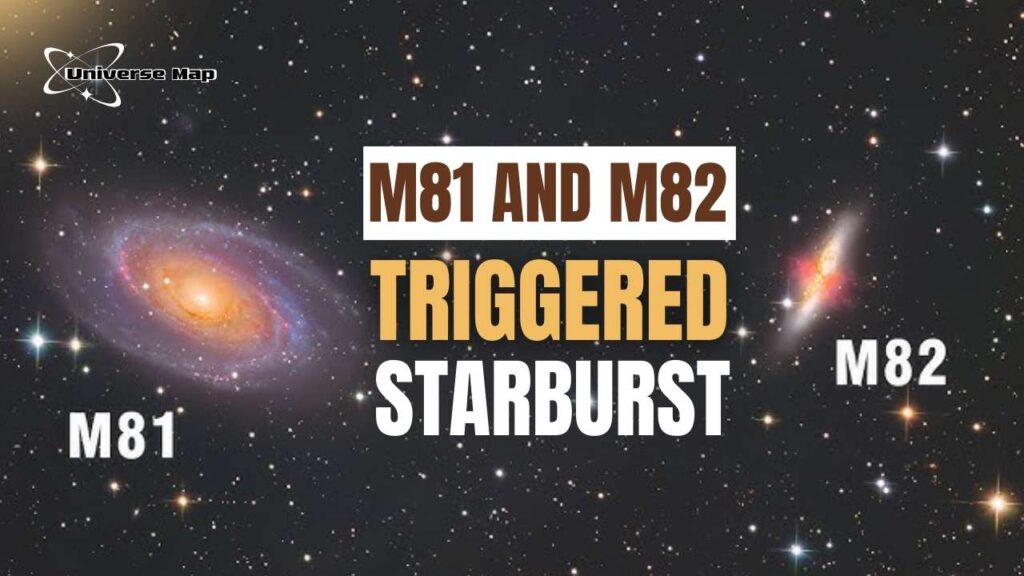 Image showing M81 and M82 galaxies, highlighting the interaction that triggered a starburst event in M82 due to gravitational forces from M81.