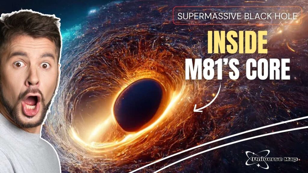 Artistic depiction of a supermassive black hole in M81’s core, illustrating the behavior of low-luminosity active galactic nuclei (LLAGNs).
