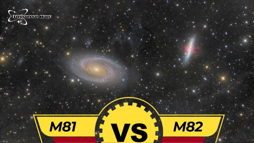 Image comparing galaxies M81 and M82, showing how gravitational interaction between them leads to intense starburst activity in M82.