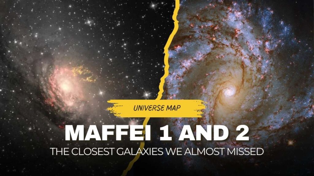 Image showing Maffei 1 and Maffei 2 galaxies, some of the closest to the Milky Way, long hidden behind interstellar dust and only recently discovered.