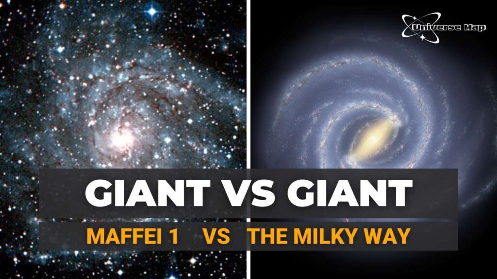 Side-by-side image of Maffei 1 and the Milky Way, comparing a giant elliptical galaxy and a barred spiral galaxy in our cosmic neighborhood.