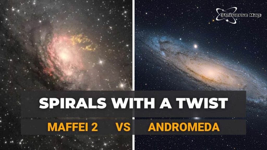 Side-by-side view of Maffei 2 and Andromeda galaxies, comparing their spiral structures, dust content, and visual clarity in the night sky.