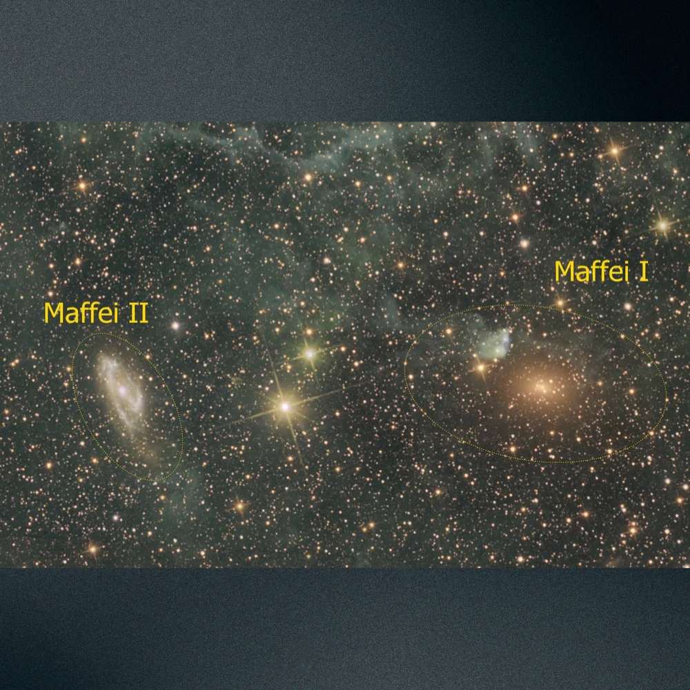 Image showing Maffei I and Maffei II galaxies, part of the obscured Maffei Group located near the Local Group but hidden behind the Milky Way's dust.