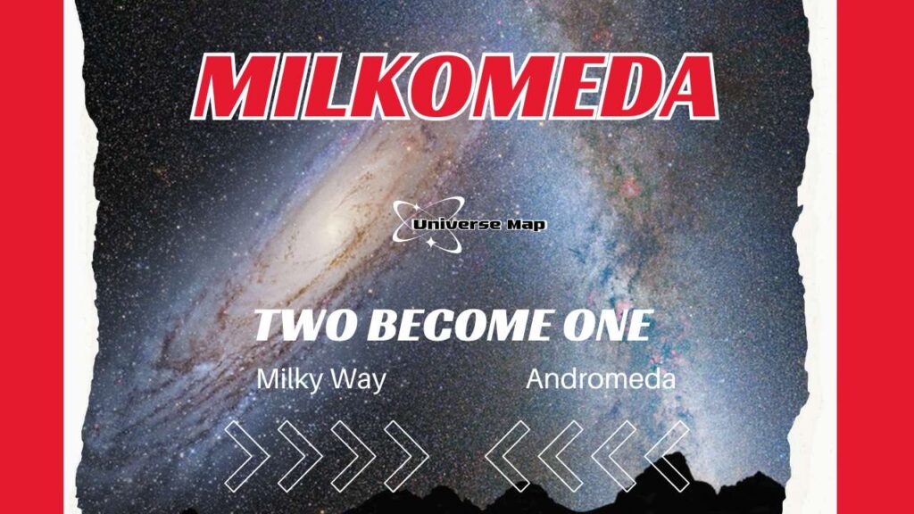 Visual representation of Milkomeda, the hypothetical galaxy formed from the future merger of the Milky Way and Andromeda galaxies.