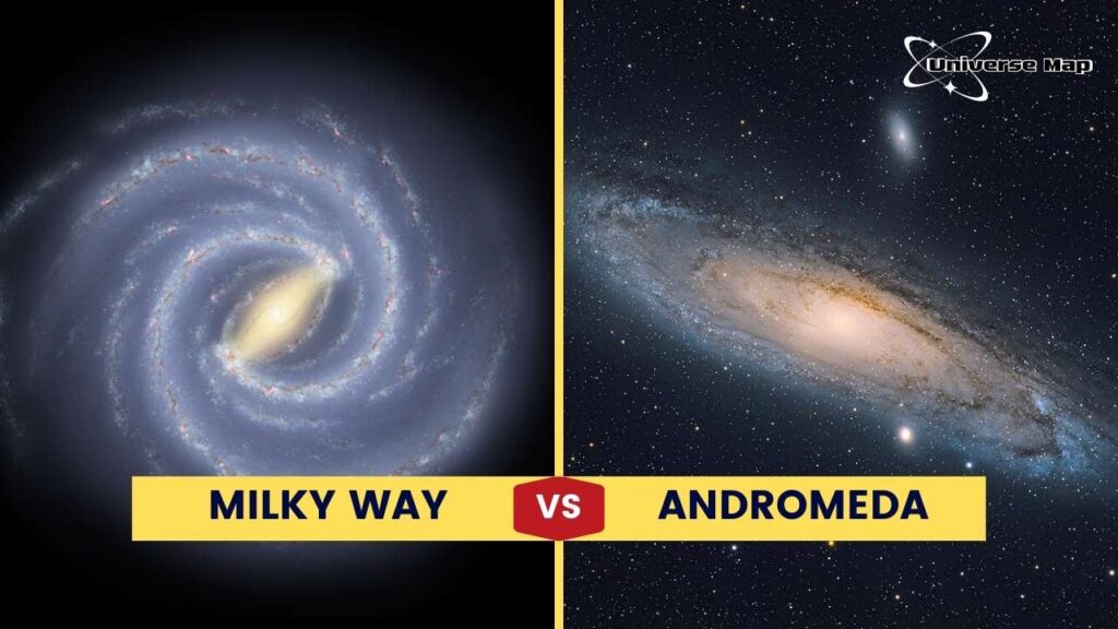 Comparison image of the Milky Way and Andromeda galaxies, highlighting their structure ahead of a future galactic collision in the Local Group.