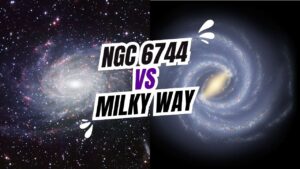 Side-by-side comparison of NGC 6744 and the Milky Way, showing how their spiral structures make them nearly identical galactic twins.