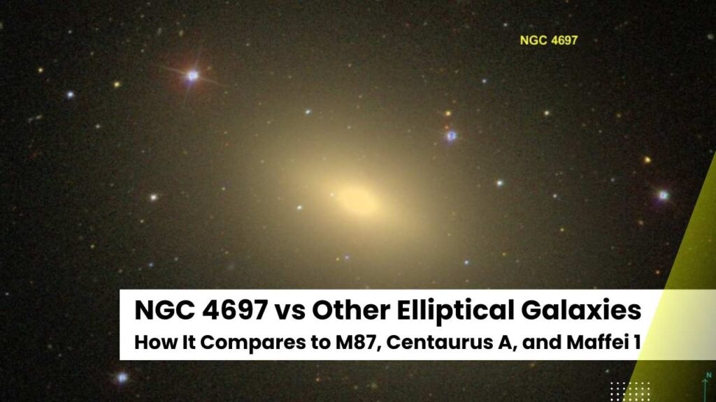 Image comparing NGC 4697 with other elliptical galaxies like M87, Centaurus A, and Maffei 1, focusing on core structure and brightness.