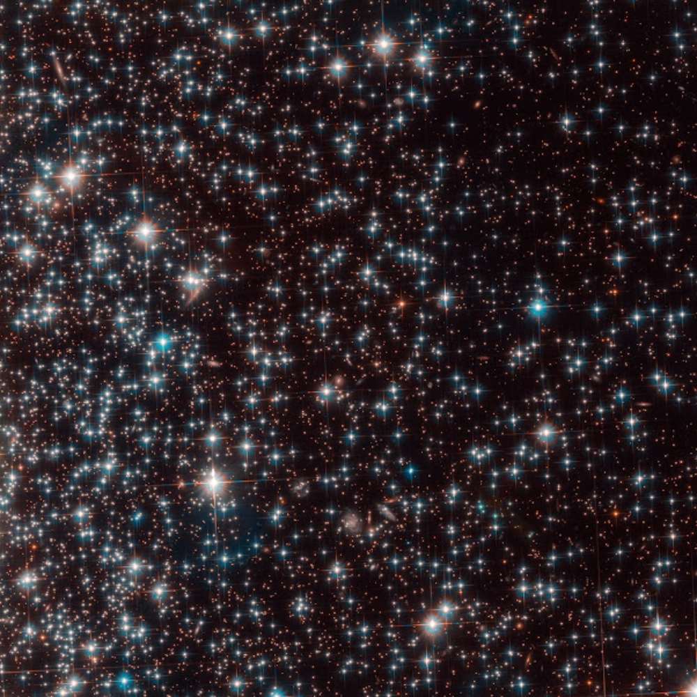 Dense star field and background galaxies captured in the Pavo Cluster region, showing thousands of stars and distant galaxies in a deep-space Hubble image.