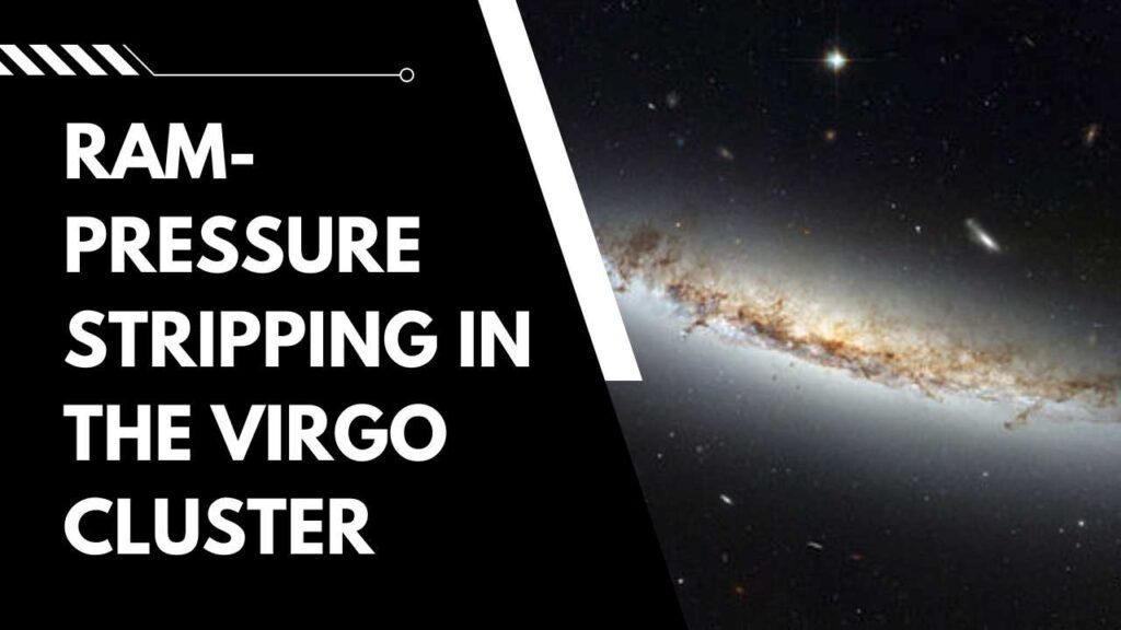 Edge-on view of a spiral galaxy in the Virgo Cluster undergoing ram-pressure stripping, with gas being pushed out by interaction with the intracluster medium.