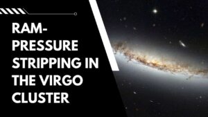 Edge-on view of a spiral galaxy in the Virgo Cluster undergoing ram-pressure stripping, with gas being pushed out by interaction with the intracluster medium.