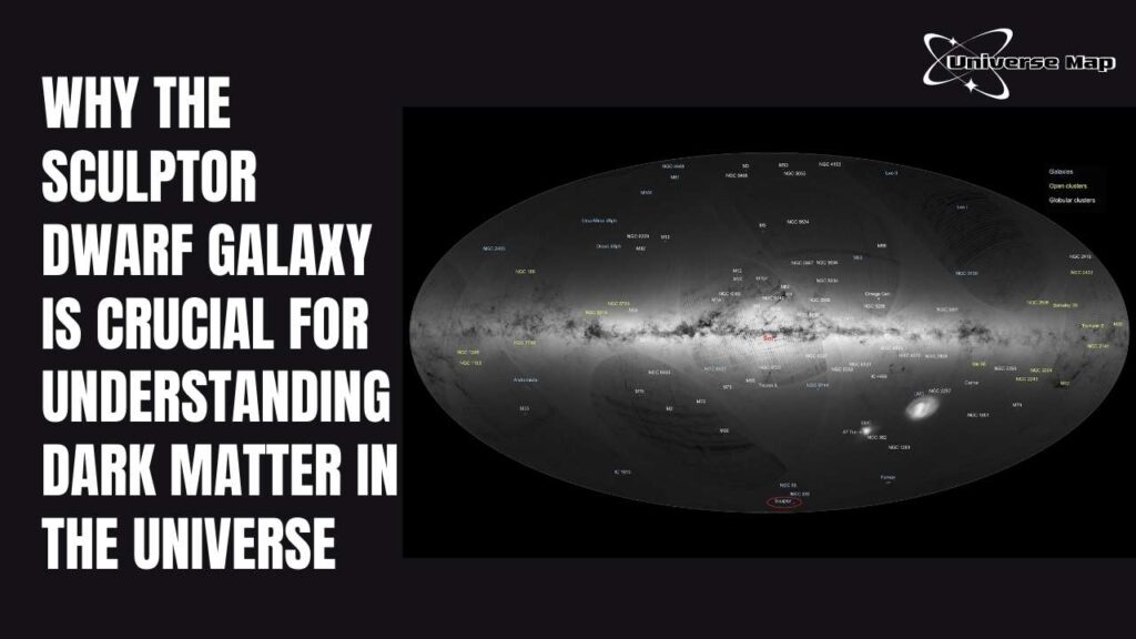 Map showing the Sculptor Dwarf Galaxy's position in the universe, highlighting its role in dark matter research.