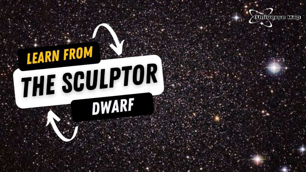 Dense star field view of the Sculptor Dwarf Galaxy with a learning-focused text overlay for educational astronomy content.