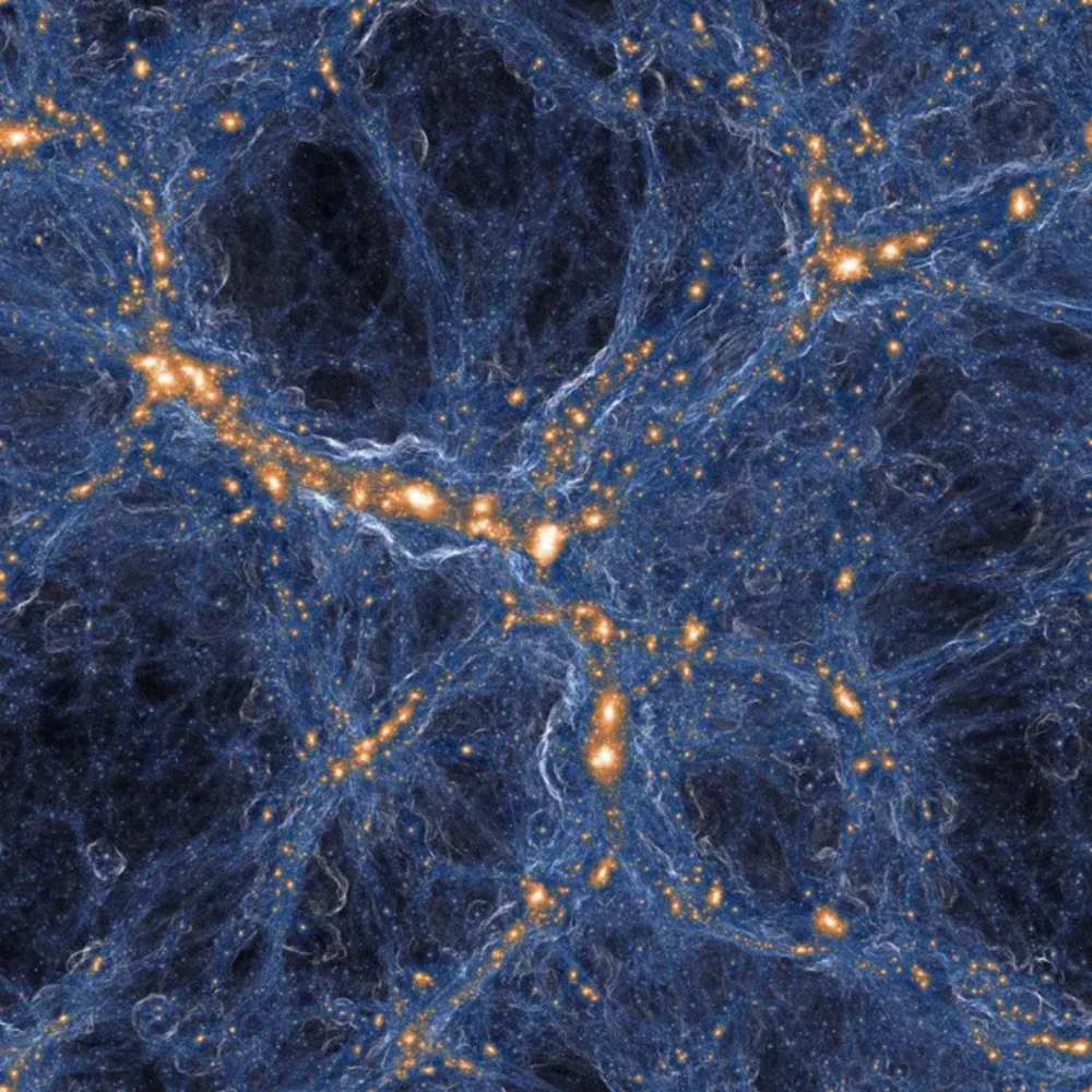 Simulated cosmic web visualization showing the Southern Supercluster region with dense galaxy filaments and dark matter structures in orange and blue.