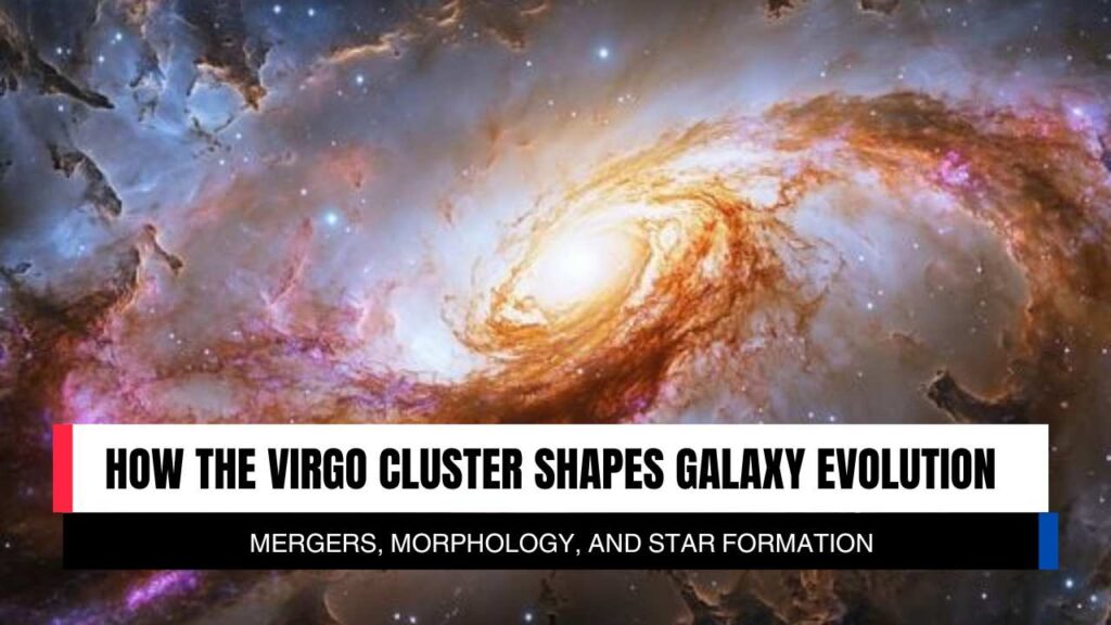 Illustration showing a bright spiral galaxy within the Virgo Cluster, highlighting the effects of mergers, morphology changes, and star formation triggered by the cluster environment.
