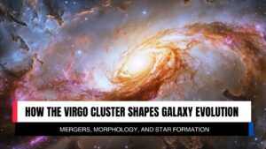 Illustration showing a bright spiral galaxy within the Virgo Cluster, highlighting the effects of mergers, morphology changes, and star formation triggered by the cluster environment.