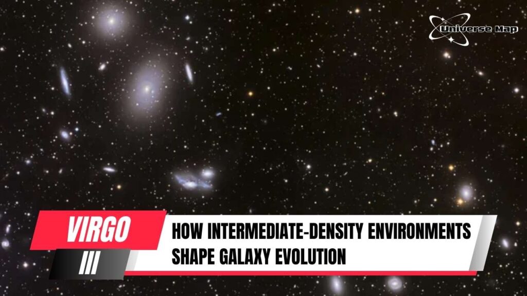 Image of multiple galaxies in the Virgo III Groups showing how intermediate-density environments influence galaxy formation and transformation.