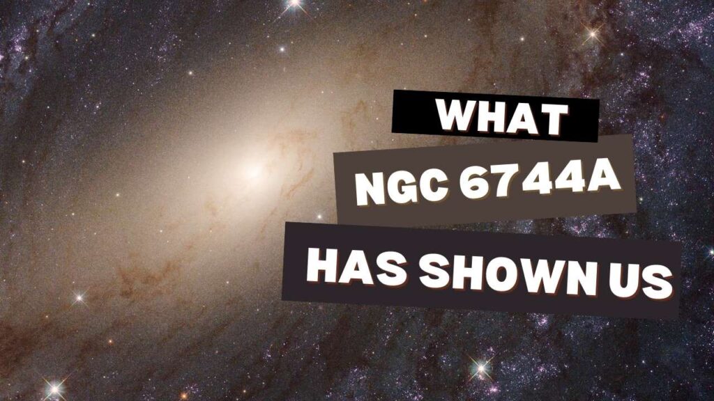 Close-up galaxy image representing what NGC 6744A has revealed about how dwarf galaxies affect their massive spiral companions.
