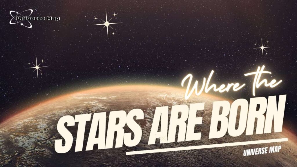 Stylized cosmic background with stars forming above a planetary surface, representing stellar nurseries where stars are born.